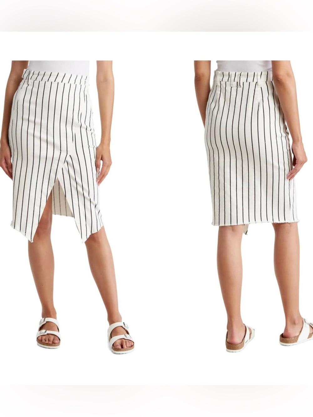 Wash Lab Pencil Skirt White Black Striped Denim Asymmetrical Faux Wrap Midi 31
